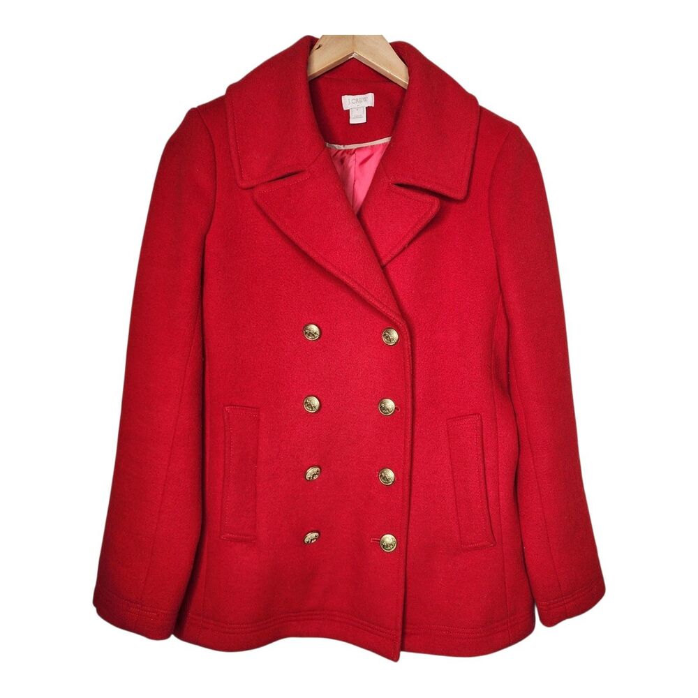 J Crew Pea Coat Womens 4 Poppy Red Wool Blend Gold Buttons Preppy Office Career